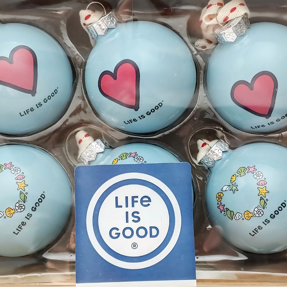 Life Is Good 6 Blue Glass Ornament Balls Seashell & Red Hearts Christmas Decor